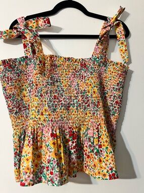 J. Crew Smocked Tie-Shoulder Tank Top